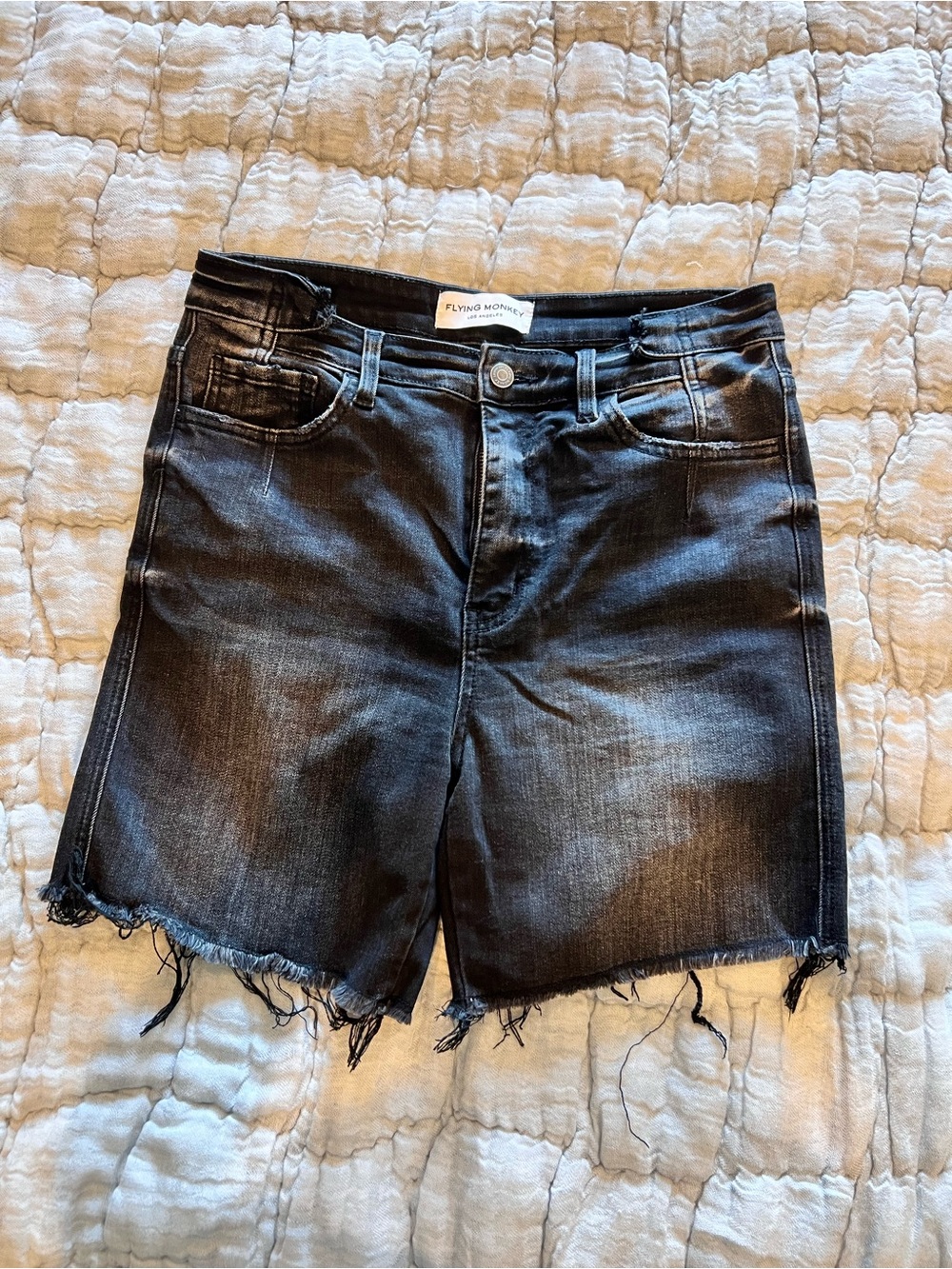 Flying Monkey Ultra High Rise Black Washed Distressed Denim Shorts size 30
